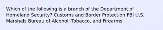 Which of the following is a branch of the Department of Homeland Security? Customs and Border Protection FBI U.S. Marshals Bureau of Alcohol, Tobacco, and Firearms