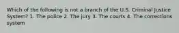 Which of the following is not a branch of the U.S. Criminal Justice System? 1. The police 2. The jury 3. The courts 4. The corrections system