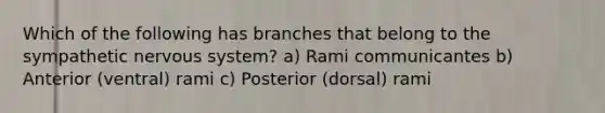 Which of the following has branches that belong to the sympathetic nervous system? a) Rami communicantes b) Anterior (ventral) rami c) Posterior (dorsal) rami