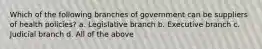 Which of the following branches of government can be suppliers of health policies? a. Legislative branch b. Executive branch c. Judicial branch d. All of the above