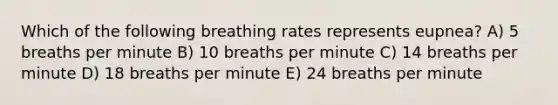 Which of the following breathing rates represents eupnea? A) 5 breaths per minute B) 10 breaths per minute C) 14 breaths per minute D) 18 breaths per minute E) 24 breaths per minute