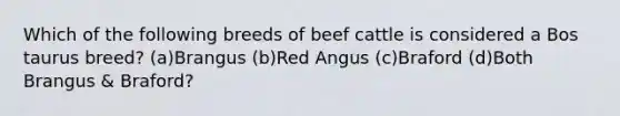 Which of the following breeds of beef cattle is considered a Bos taurus breed? (a)Brangus (b)Red Angus (c)Braford (d)Both Brangus & Braford?