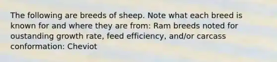 The following are breeds of sheep. Note what each breed is known for and where they are from: Ram breeds noted for oustanding growth rate, feed efficiency, and/or carcass conformation: Cheviot