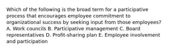 Which of the following is the broad term for a participative process that encourages employee commitment to organizational success by seeking input from those employees? A. Work councils B. Participative management C. Board representatives D. Profit-sharing plan E. Employee involvement and participation