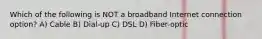 Which of the following is NOT a broadband Internet connection option? A) Cable B) Dial-up C) DSL D) Fiber-optic