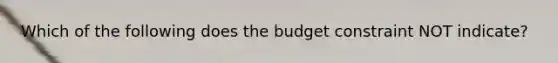 Which of the following does the budget constraint NOT indicate?