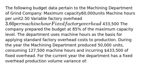 The following budget data pertain to the Machining Department of Grind Company: Maximum capacity60,000units Machine hours per unit2.50 Variable factory overhead3.60per machine hour Fixed factory overhead 433,500 The company prepared the budget at 85% of the maximum capacity level. The department uses machine hours as the basis for applying standard factory overhead costs to production. During the year the Machining Department produced 50,000 units, consuming 127,500 machine hours and incurring 433,500 of fixed overhead. For the current year the department has a fixed overhead production volume variance of: