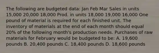 The following are budgeted data: Jan Feb Mar Sales in units 15,000 20,000 18,000 Prod. in units 18,000 19,000 16,000 One pound of material is required for each finished unit. The inventory of materials at the end of each month should equal 20% of the following month's production needs. Purchases of raw materials for February would be budgeted to be: A. 19,600 pounds B. 20,400 pounds C. 18,400 pounds D. 18,600 pounds