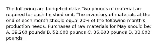 The following are budgeted data: Two pounds of material are required for each finished unit. The inventory of materials at the end of each month should equal 20% of the following month's production needs. Purchases of raw materials for May should be: A. 39,200 pounds B. 52,000 pounds C. 36,800 pounds D. 38,000 pounds