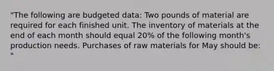 "The following are budgeted data: Two pounds of material are required for each finished unit. The inventory of materials at the end of each month should equal 20% of the following month's production needs. Purchases of raw materials for May should be: "