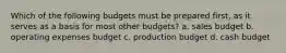 Which of the following budgets must be prepared​ first, as it serves as a basis for most other​ budgets? a. sales budget b. operating expenses budget c. production budget d. cash budget