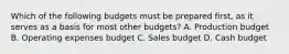 Which of the following budgets must be prepared​ first, as it serves as a basis for most other​ budgets? A. Production budget B. Operating expenses budget C. Sales budget D. Cash budget