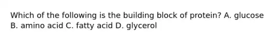 Which of the following is the building block of protein? A. glucose B. amino acid C. fatty acid D. glycerol