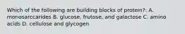 Which of the following are building blocks of protein?: A. monosarccarides B. glucose, frutose, and galactose C. amino acids D. cellulose and glycogen