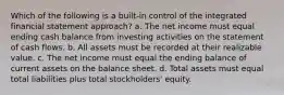 Which of the following is a built-in control of the integrated financial statement approach? a. The net income must equal ending cash balance from investing activities on the statement of cash flows. b. All assets must be recorded at their realizable value. c. The net income must equal the ending balance of current assets on the balance sheet. d. Total assets must equal total liabilities plus total stockholders' equity.