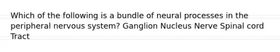 Which of the following is a bundle of neural processes in the peripheral nervous system? Ganglion Nucleus Nerve Spinal cord Tract