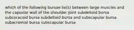 which of the following bursae lie(s) between large muscles and the capsular wall of the shoulder joint subdeltoid bursa subcoracoid bursa subdeltoid bursa and subscapular bursa subacromial bursa subscapular bursa