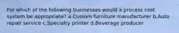 For which of the following businesses would a process cost system be appropriate? a.Custom furniture manufacturer b.Auto repair service c.Specialty printer d.Beverage producer