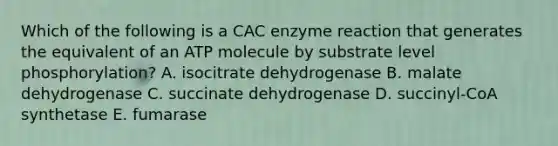 Which of the following is a CAC enzyme reaction that generates the equivalent of an ATP molecule by substrate level phosphorylation? A. isocitrate dehydrogenase B. malate dehydrogenase C. succinate dehydrogenase D. succinyl-CoA synthetase E. fumarase