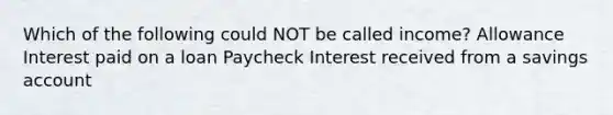 Which of the following could NOT be called income? Allowance Interest paid on a loan Paycheck Interest received from a savings account