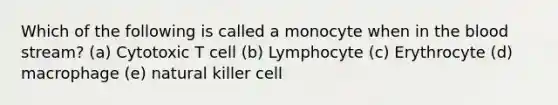 Which of the following is called a monocyte when in the blood stream? (a) Cytotoxic T cell (b) Lymphocyte (c) Erythrocyte (d) macrophage (e) natural killer cell