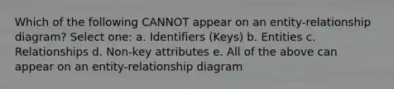 Which of the following CANNOT appear on an entity-relationship diagram? Select one: a. Identifiers (Keys) b. Entities c. Relationships d. Non-key attributes e. All of the above can appear on an entity-relationship diagram