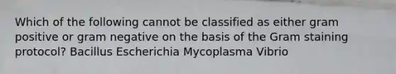 Which of the following cannot be classified as either gram positive or gram negative on the basis of the Gram staining protocol? Bacillus Escherichia Mycoplasma Vibrio