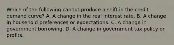 Which of the following cannot produce a shift in the credit demand ​curve? A. A change in the real interest rate. B. A change in household preferences or expectations. C. A change in government borrowing. D. A change in government tax policy on profits.