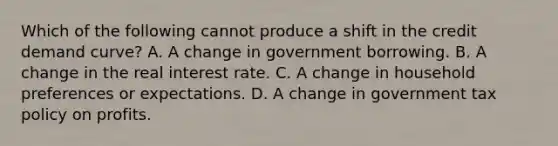 Which of the following cannot produce a shift in the credit demand ​curve? A. A change in government borrowing. B. A change in the real interest rate. C. A change in household preferences or expectations. D. A change in government tax policy on profits.