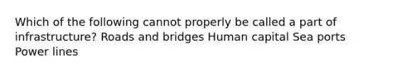 Which of the following cannot properly be called a part of infrastructure? Roads and bridges Human capital Sea ports Power lines