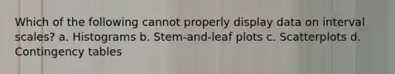 Which of the following cannot properly display data on interval scales? a. Histograms b. Stem-and-leaf plots c. Scatterplots d. Contingency tables