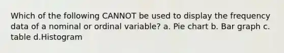 Which of the following CANNOT be used to display the frequency data of a nominal or ordinal variable? a. Pie chart b. Bar graph c. table d.Histogram