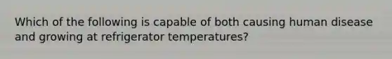 Which of the following is capable of both causing human disease and growing at refrigerator temperatures?