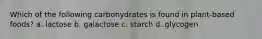 Which of the following carbohydrates is found in plant-based foods? a. lactose b. galactose c. starch d. glycogen