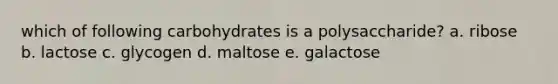 which of following carbohydrates is a polysaccharide? a. ribose b. lactose c. glycogen d. maltose e. galactose