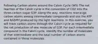 Following Carbon atoms around the Calvin Cycle (W5) The net reaction of the Calvin cycle is the conversion of CO2 into the three-carbon sugar G3P. Along the way, reactions rearrange carbon atoms among intermediate compounds and use the ATP and NADPH produced by the light reactions. In this exercise, you will track carbon atoms through the Calvin cycle as required for the net production of one molecule of G3P. For each intermediate compound in the Calvin cycle, identify the number of molecules of that intermediate and the total number of carbon atoms contained in those molecules.