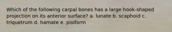 Which of the following carpal bones has a large hook-shaped projection on its anterior surface? a. lunate b. scaphoid c. triquetrum d. hamate e. pisiform