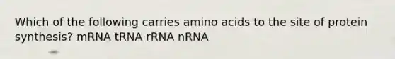 Which of the following carries amino acids to the site of protein synthesis? mRNA tRNA rRNA nRNA