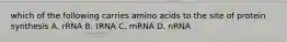 which of the following carries amino acids to the site of protein synthesis A. rRNA B. tRNA C. mRNA D. nRNA