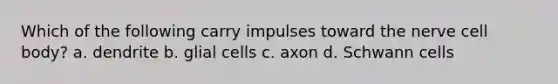 Which of the following carry impulses toward the nerve cell body? a. dendrite b. glial cells c. axon d. Schwann cells