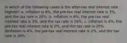 In which of the following cases is the after-tax real interest rate highest? a. inflation is 6%, the pre-tax real interest rate is 3%, and the tax rate is 25%. b. inflation is 6%, the pre-tax real interest rate is 3%, and the tax rate is 20%. c. inflation is 4%, the pre-tax real interest rate is 2%, and the tax rate is 25%. dinflation is 4%, the pre-tax real interest rate is 2%, and the tax rate is 20%