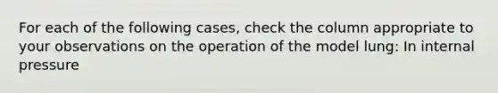 For each of the following cases, check the column appropriate to your observations on the operation of the model lung: In internal pressure