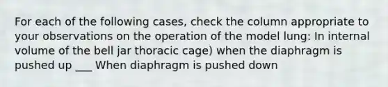 For each of the following cases, check the column appropriate to your observations on the operation of the model lung: In internal volume of the bell jar thoracic cage) when the diaphragm is pushed up ___ When diaphragm is pushed down