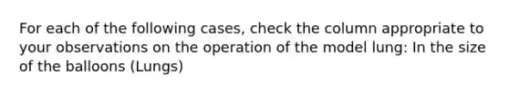 For each of the following cases, check the column appropriate to your observations on the operation of the model lung: In the size of the balloons (Lungs)