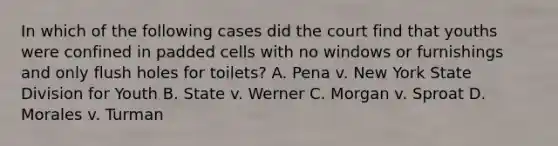 In which of the following cases did the court find that youths were confined in padded cells with no windows or furnishings and only flush holes for toilets? A. Pena v. New York State Division for Youth B. State v. Werner C. Morgan v. Sproat D. Morales v. Turman