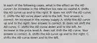 In each of the following​ cases, what is the effect on the AD​ curve? An increase in the effective tax rate on capital A. shifts the AD curve up and to the right. B. does not shift the AD curve. C. shifts the AD curve down and to the left. Your answer is correct. An increase in the money supply A. shifts the AD curve up and to the right. Your answer is correct. B. does not shift the AD curve. C. shifts the AD curve down and to the left. An increase in the price level A. does not shift the AD curve. Your answer is correct. B. shifts the AD curve up and to the right. C. shifts the AD curve down and to the left.