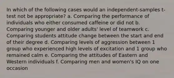 In which of the following cases would an independent-samples t-test not be appropriate? a. Comparing the performance of individuals who either consumed caffeine or did not b. Comparing younger and older adults' level of teamwork c. Comparing students attitude change between the start and end of their degree d. Comparing levels of aggression between 1 group who experienced high levels of excitation and 1 group who remained calm e. Comparing the attitudes of Eastern and Western individuals f. Comparing men and women's IQ on one occasion