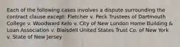 Each of the following cases involves a dispute surrounding the contract clause except: Fletcher v. Peck Trustees of Dartmouth College v. Woodward Kelo v. City of New London Home Building & Loan Association v. Blaisdell United States Trust Co. of New York v. State of New Jersey