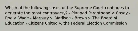 Which of the following cases of the Supreme Court continues to generate the most controversy? - Planned Parenthood v. Casey - Roe v. Wade - Marbury v. Madison - Brown v. The Board of Education - Citizens United v. the Federal Election Commission