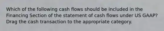 Which of the following cash flows should be included in the Financing Section of the statement of cash flows under US GAAP? Drag the cash transaction to the appropriate category.